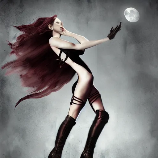 Image similar to a female vampire flying in a dark time, photomanipulation, photoshop, digital painting