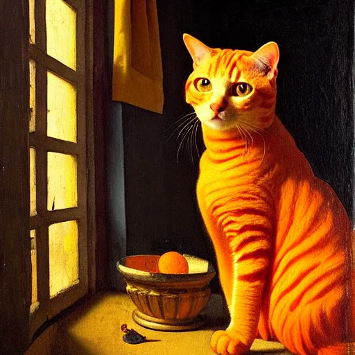 Image similar to a painting of an orange cat staring profoundly into the window, a detailed painting by johannes vermeer, behance, american scene painting, dutch golden age, detailed painting, academic art