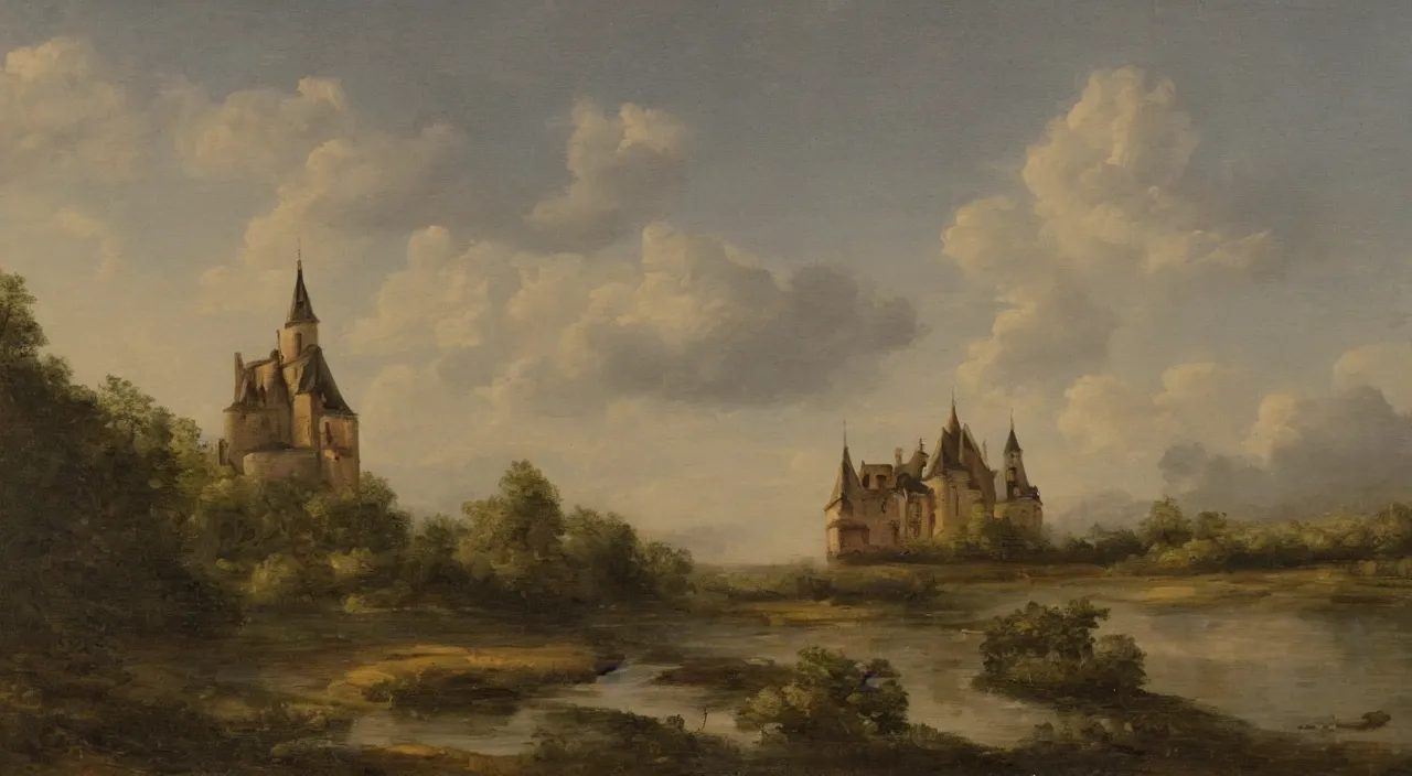 Prompt: a landscape painting of a French castle