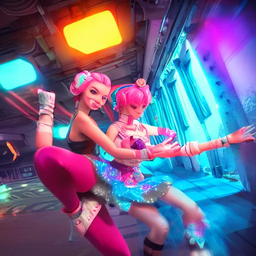 Prompt: a girl like jinx and Princess peach, dancing, background jet ground radio, fullshot, raytrayced, octane render, epic composition, intricate details, dark neon punk, by myanko