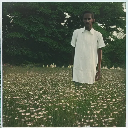 Image similar to somali male, photographer, holding camera, vintage, field of flowers, nature, nostalgic, dreamy, pastel, studio ghibli, thoughtul, wise, intricate details, shot in 1 9 6 0 s