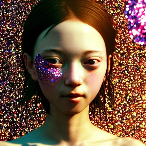 Image similar to weird cute closeup portrait of a beautiful carefree stoner girl in tanktop covered flower glitter, by katsuhiro otomo, yoshitaka amano, nico tanigawa, rendered with intense 3 d effect reflective shadowing, cinematic lighting, hyperrealistic illustration uhd 8 k