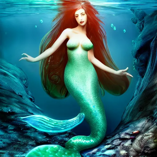 Image similar to beautiful mermaid siren, siren song, thin pale wan female, beautiful mermaid, under water, photoreal, 8 k resolution