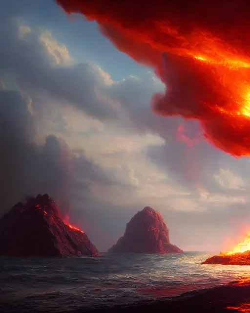 Image similar to matte painting,Epic scene, Fire Phoenix,sea,cloud,by greg rutkowski and Richard Lay,in volumetric lighting, Trending on artstation,HD