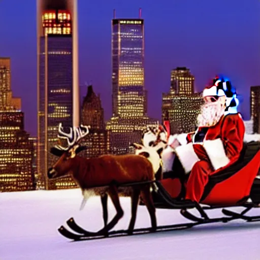 Image similar to santa claus in a sleigh with reindeers in front of world trade center's 5 0 th floor with a beautiful sunset in the background