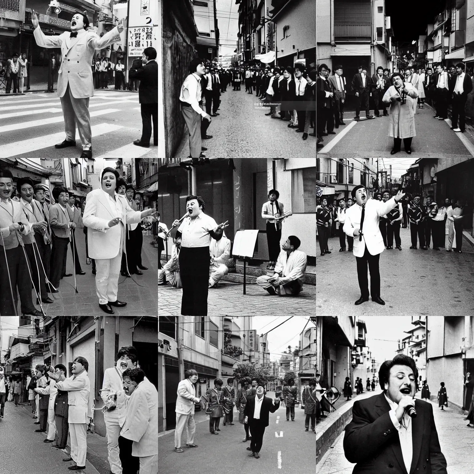 Prompt: Domenico Modugno singing Volare on a Japanese street in front of a tomare stop line written on the street, public domain archive photograph