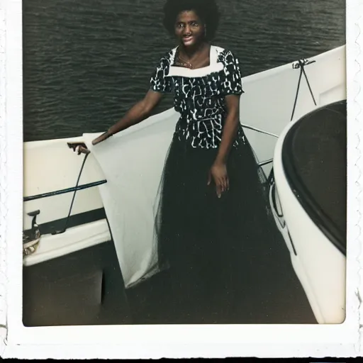 Image similar to a medium full shot, german and eastern european mixture polaroid photograph depicting a black woman with dark brown skin, long, swirling black hair, and jade colored eyes, on a sailing boat. she is wearing wearing a yachting dress ensemble in 1 9 8 2.