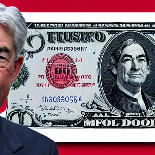 Prompt: Jay Powell printing dollars out of thin air, satire, caricature