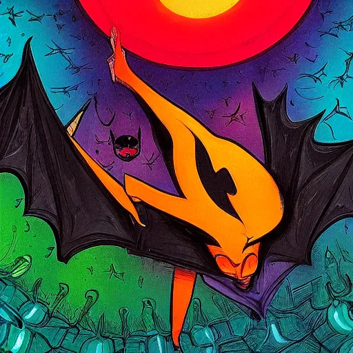 Image similar to a melancholic!! bat!!! hanging upside down from the ceiling, sad, psychedelic, beautiful composition, beautiful colors, sad, masterpiece