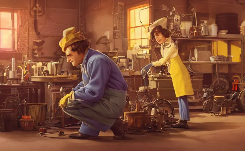 Prompt: a film still of willie wonka's chocolate factory 1973, animation key shot of a focused auto mechanic repairing the tires of a motorcycle in the workshop garage, medium shot, waist up, studio Ghibli, Pixar and Disney animation, sharp, Rendered in Unreal Engine 5, anime key art by Greg Rutkowski, Bloom, dramatic lighting