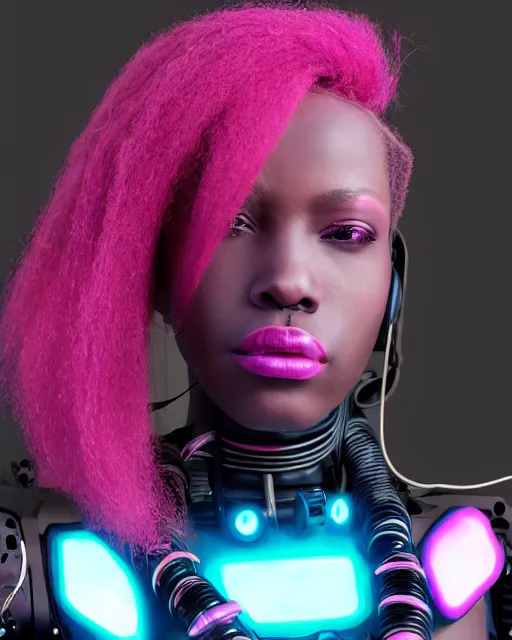 Prompt: portrait of a beautiful black woman with pink hair as a cyberpunk cyborg half robot, revealing wires and electronics, hooked - up, sci - fi, missing panels, intricate abstract upper body intricate artwork, concept art, octane render, deviantart, cinematic, key art, hyperrealism, iridescent accents, portrait photograph, nikon 3 5 mm, photograph by greg rutkowski