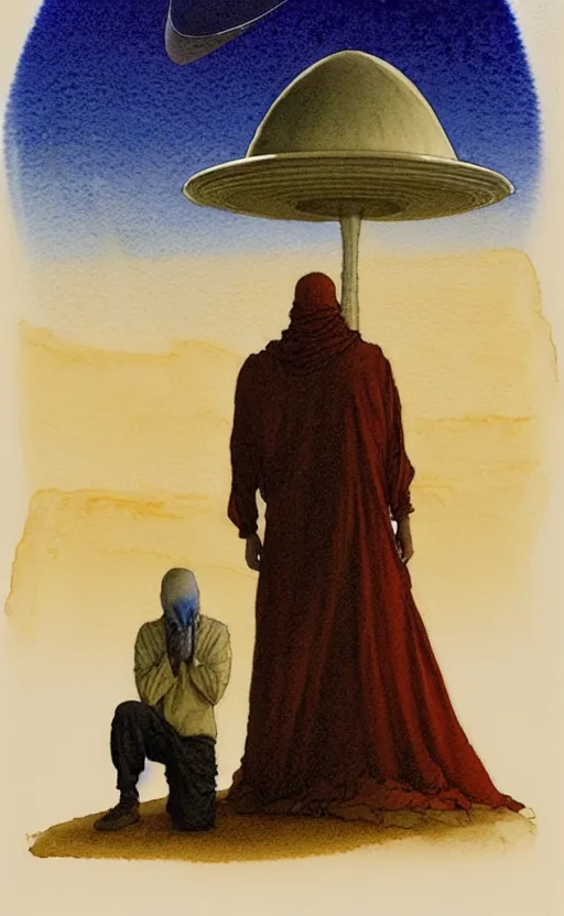 Image similar to a hyperrealist watercolour character concept art portrait of two middle eastern men kneeling down in prayer in front of a 1 2 ft. thin alien on a misty night in the desert. a ufo is in the background. by rebecca guay, michael kaluta, charles vess and jean moebius giraud