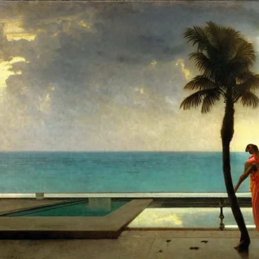 Image similar to Silhouette of two girls at the palace, thunderstorm, greek pool, beach and palm trees on the background major arcana sky, by paul delaroche, alphonse mucha and arnold böcklin arnold böcklin hyperrealistic 8k, very detailed