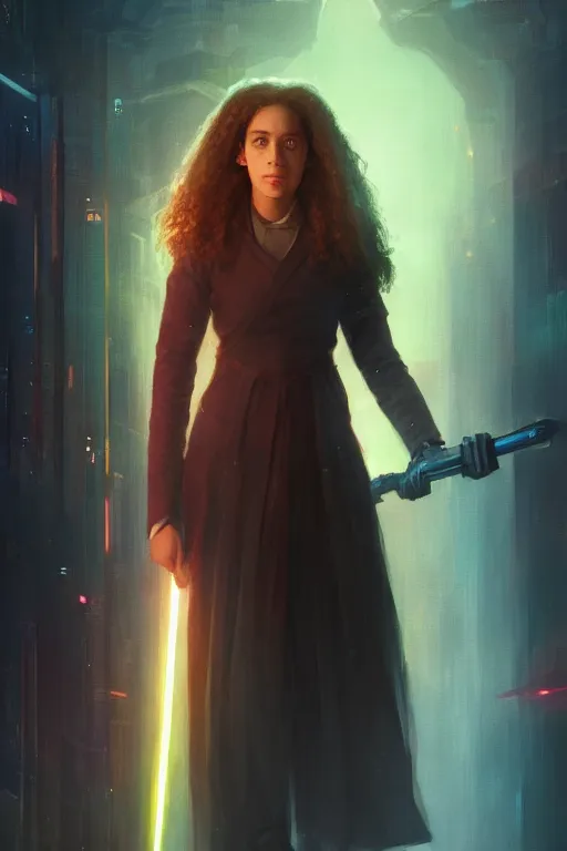 Image similar to portrait of Hermione Granger in cyberpunk, neon lighting, night city, digital art from artstation by Ruan Jia and Mandy Jurgens and Artgerm and william-adolphe bouguereau and Greg Rutkowski and Wayne Barlowe