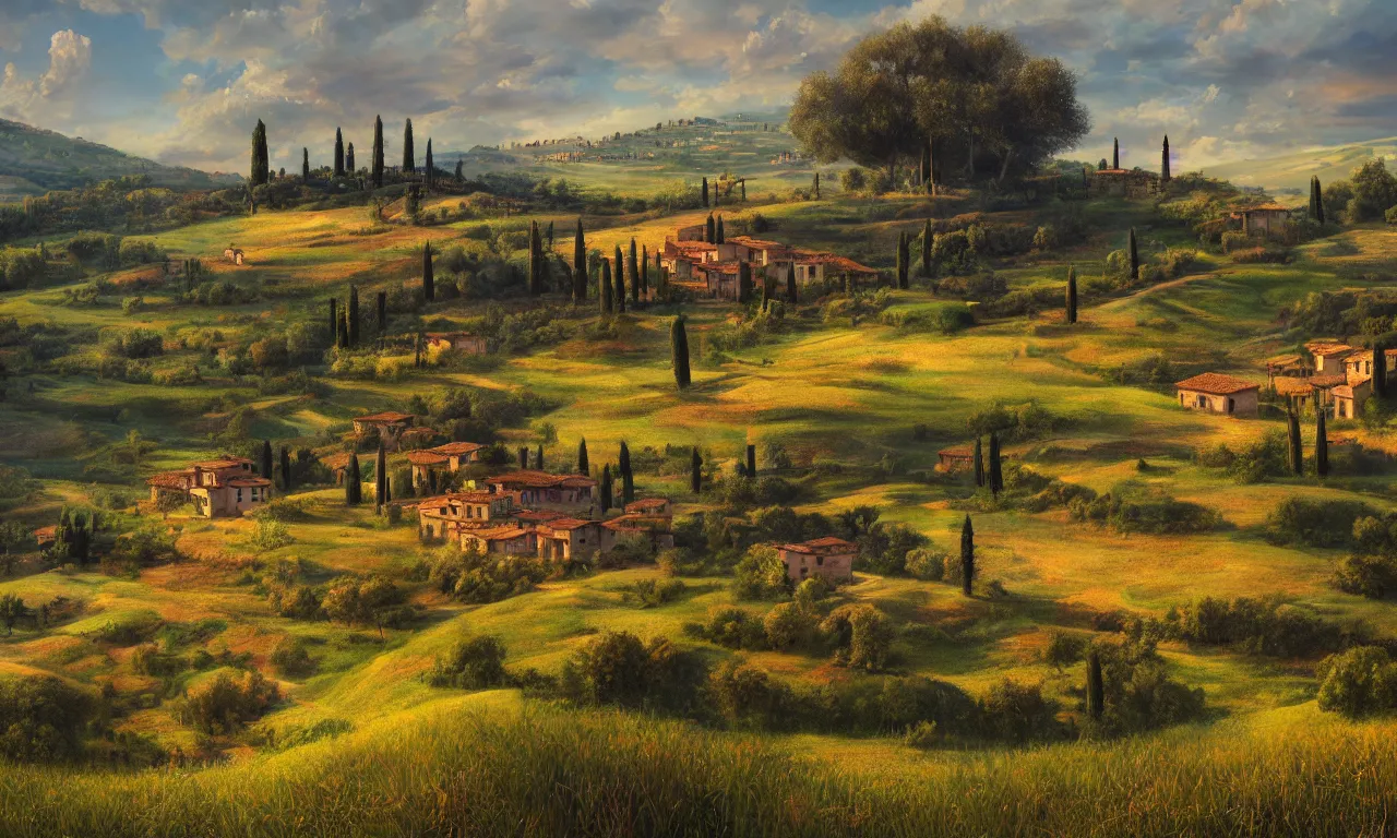 Prompt: Tuscan Countryside painted by Paolo Anesi, vivid colors, high details, cinematic, 8k resolution, beautiful detailed, photorealistic, digital painting, dark atmosphere, artstation, concept art, smooth, sharp focus, illustration, fantasy background, artstation trending, octane render, unreal engine