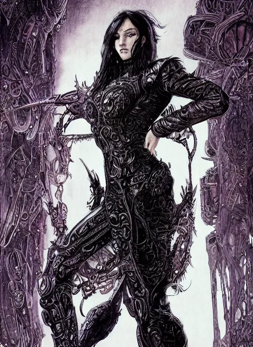 Image similar to a black haired woman in a leather jacket, muscular upper body, abs, d & d, fantasy, intricate, elegant, highly detailed, digital painting, artstation, concept art, smooth, sharp focus, illustration, art by philippe druillet