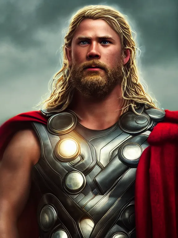 Prompt: portrait art of Thor 8k ultra realistic , lens flare, atmosphere, glow, detailed,intricate, full of colour, cinematic lighting, trending on artstation, 4k, hyperrealistic, focused, extreme details,unreal engine 5, cinematic, masterpiece