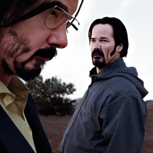 Prompt: A photo of Keanu Reeves having a standoff with Walter White in Breaking Bad, 8K concept art, shot on Kodak Ektar