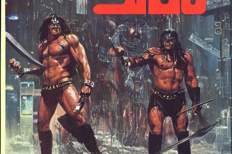 Image similar to 1979 OMNI Magazine Cover of Conan the barbarian as an orc At a Subway station in Neo-Tokyo in cyberpunk style by Vincent Di Fate