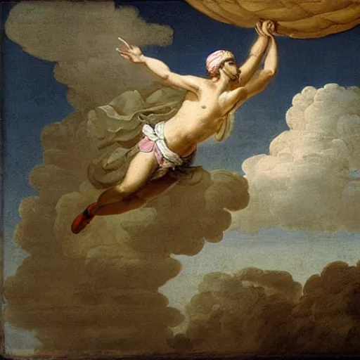 Image similar to egyptian man with long curly hair skydiving, giovanni paolo panini, versailles, jose miguel roman frances, dreamy clouds, pastel colors