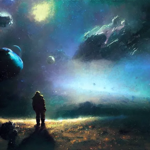 Image similar to a man lost in space, lonely, beautiful, cosmic, craig mullins, colourful