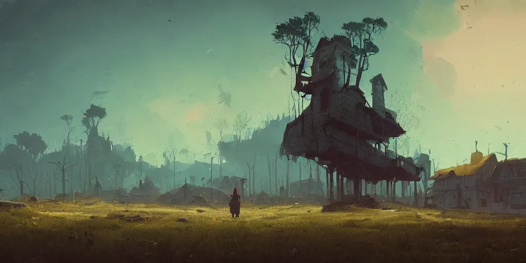 Prompt: an unseen, land of dead, war, wiped houses, detailed, cinematic landscape, atmospheric light, sky, dynamic angle, good composition, eccentric, mind bending, fantasy world, trending on artstation art by simon stalenhag