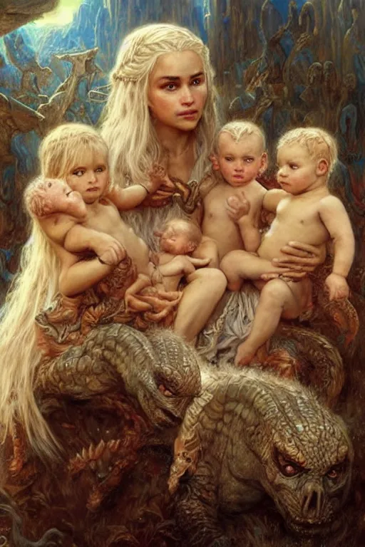 Prompt: portrait of daenerys targaryen surrounded by three baby dragons. art by gaston bussiere and tomacz alen kopera.