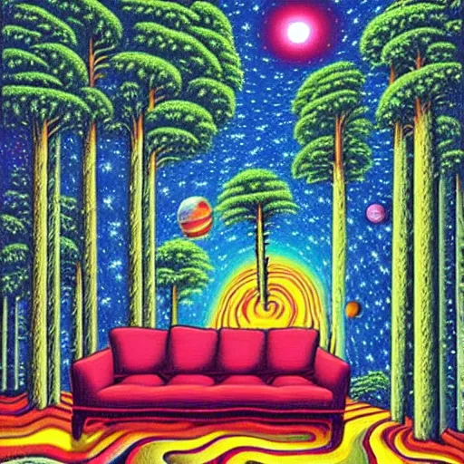 Prompt: psychedelic trippy couch pine forest, planets, milky way, sofa, cartoon by rob gonsalves spruce