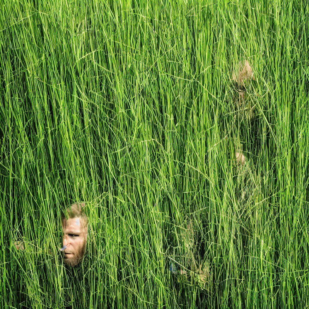 Prompt: realistic photo grass man searching for a blade of grass