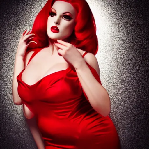 Image similar to modeling photograph full body jessica rabbit in her signature red dress, femme fatale, beautiful, dark, mysterious, detailed flawless face, dramatic darkroom lighting high exposure, head and shoulders 8 0 mm camera