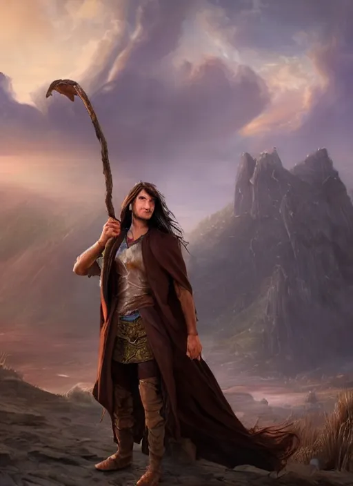 Image similar to An epic fantasy comic book style portrait painting of a young man with a long brown hair wearing a cloak that waves in the wind as he holds onto a stave in front of an epic fantasy landscape, unreal 5, DAZ, hyperrealistic, octane render, cosplay, RPG portrait, dynamic lighting