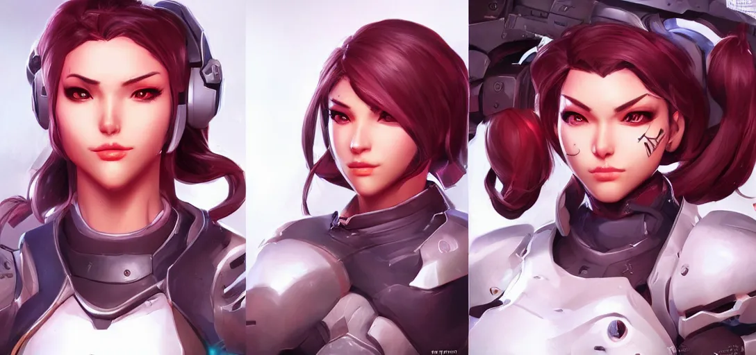 Prompt: concept art of female video game characters head designs, overwatch by marc brunet and artgerm