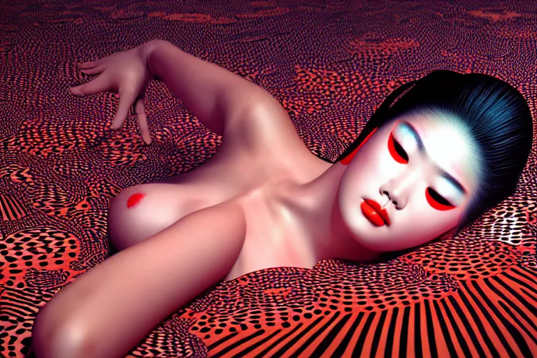Image similar to hyperrealistic detailed image of a geisha laying in a room, background by yayoi kusama, part by kei mieno, part by ross tran, part by james jean, ultra realistic, highly detailed, symmetrical face, detailed body, 3 d render, very cohesive, masterpiece