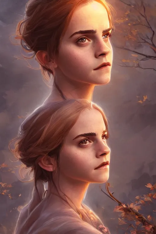 Prompt: emma watson goddess of the autumn twilight, highly detailed, digital painting, artstation, concept art, smooth, sharp focus, illustration, unreal engine 5, 8 k, art by artgerm and greg rutkowski and edgar maxence