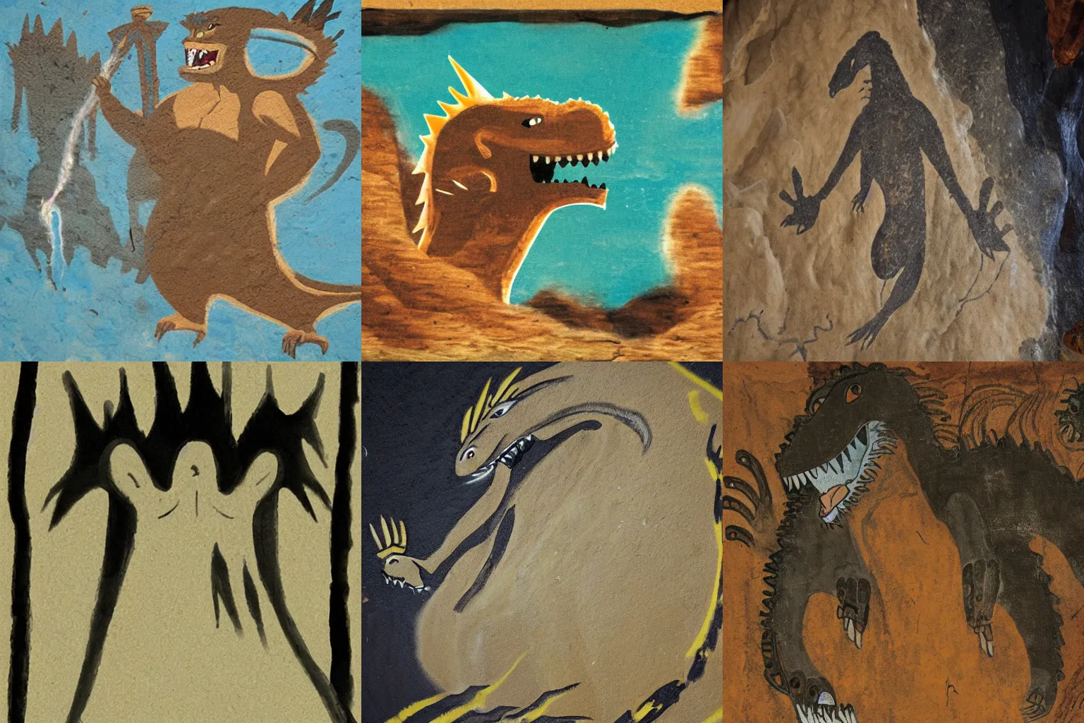 Prompt: cave painting of Gozilla