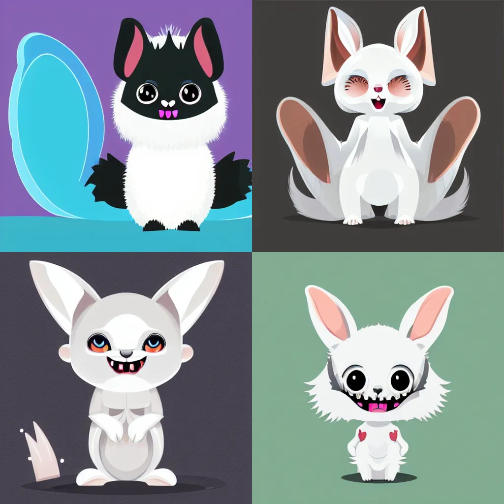 Prompt: innocent-eyed fantasy creature with pure white fur coat, drooping rabbity ears, and cute little fangs. Vector art, svg. Cartoon character concept.