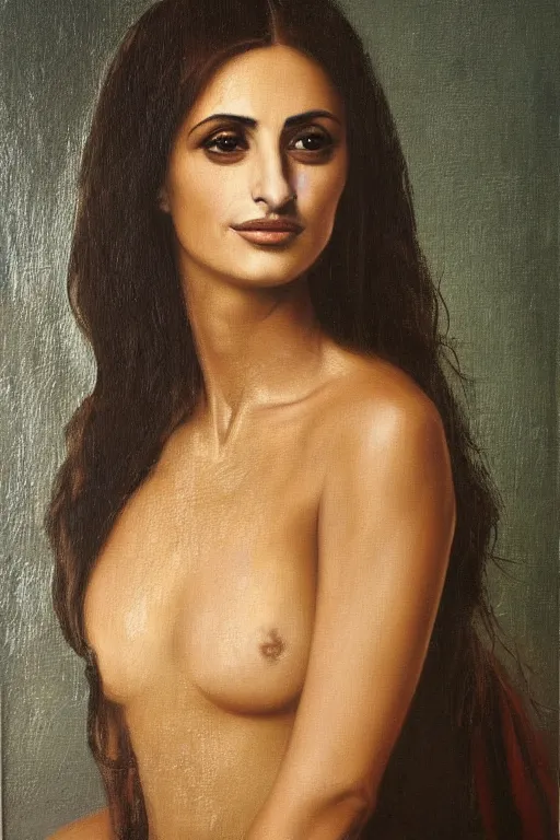 Image similar to oil painting, portrait of penelope cruz, artwork by leonardo da vinci