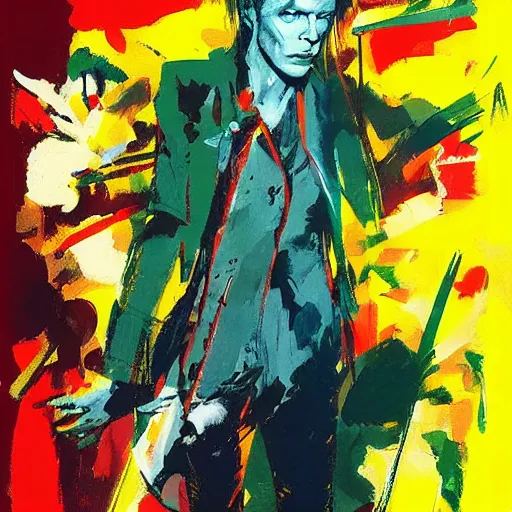 Image similar to David Bowie by Ashley Wood, Yoji Shinkawa, Jamie Hewlett, 60's French movie poster, French Impressionism, vivid colors, palette knife and brush strokes, Dutch tilt