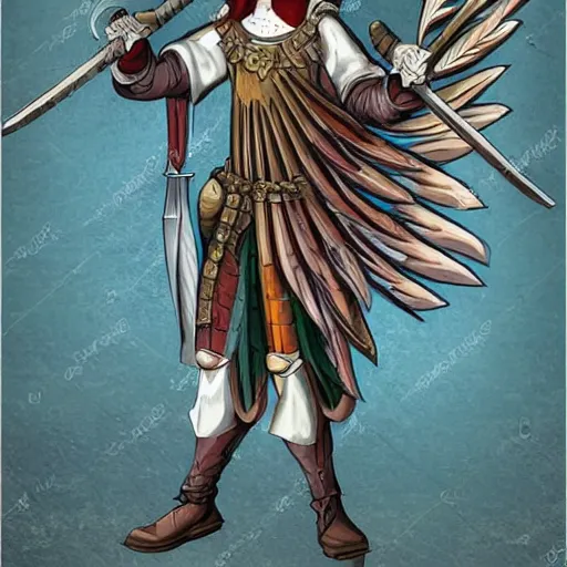 Image similar to medieval weapon, long spear with feathered wings on the tip, prismatic, multi colored feathers, anime style, white background, full body shot