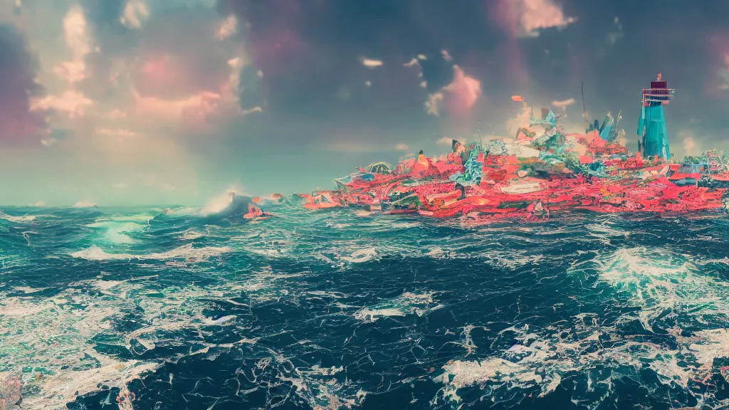 Image similar to a city floating on an island in the ocean, crashing waves, vivid color, far view, 3 5 mm dslr photograph, photorealistic, 4 k, rendered in octane