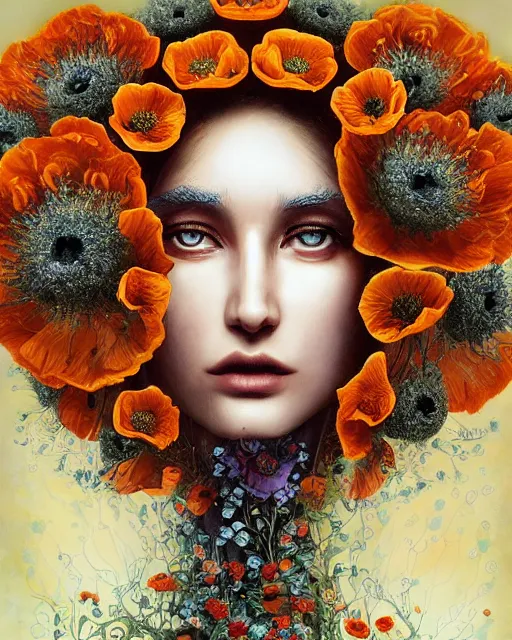 Image similar to unique non-conventional beautiful goddess of poppy, poppy flowers, dry poppy heads, surreal, fantasy, intricate, elegant, dramatic lighting, emotionally evoking symbolic metaphor, highly detailed, ornate designs, organic designs, lifelike, photorealistic, painterly, digital painting, painterly, artstation, concept art, smooth, sharp focus, illustration, art by John Collier and Krenz Cushart and Artem Demura and Alphonse Mucha and Albert Aublet,