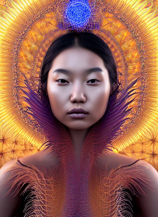 Prompt: ecstatic beautiful young asian woman by irakli nadar, several layers of 3 d feathers fractals radiating behind with sacred geometry, cosmic, natural, awakening, symmetrical, in the style of ernst haeckel, effervescent, warm, photo realistic, epic and cinematic