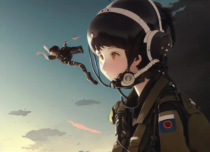 Image similar to portrait of pilot girl parachuting behind enemy lines, black sky background, chaotic landscape, illustration concept art anime key visual trending pixiv fanbox by wlop and greg rutkowski and makoto shinkai and studio ghibli and kyoto animation, kaki body suit, wires and chords, oxygen mask, military gear, grimdark, volumetric lighting