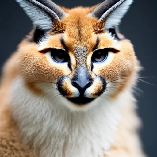 Prompt: a photo of cute fluffy caracal wearing white jumpsuit, close up portrait, studio photography, 8 k