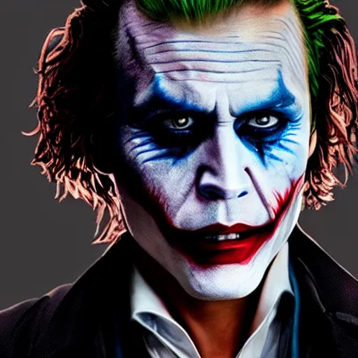 Image similar to awe inspiring Johnny Depp playing The Joker 8k hdr movie still dynamic lighting