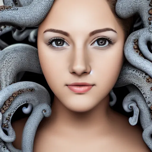 Image similar to girl with a gray octopus for hair, beautiful face, pretty face, photorealistic, 4 k resolution, wide angle lens, 1 5 mm, depth of field, serene, digital art.
