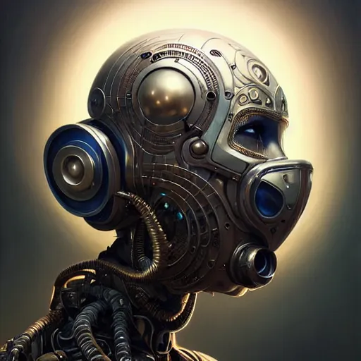 Image similar to low angle shot of a cyberpunk robot character wearing a gazmask, intricate, elegant, highly detailed, centered, digital painting, artstation, concept art, smooth, sharp focus, illustration, artgerm, Tomasz Alen Kopera, Peter Mohrbacher, donato giancola, Joseph Christian Leyendecker, WLOP, Boris Vallejo