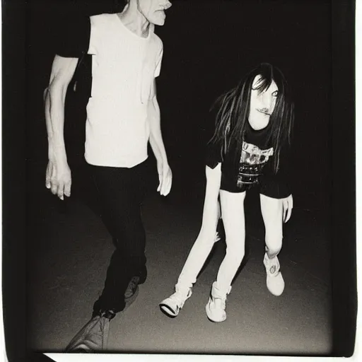 Image similar to A creepy polaroid photo of skinny Willem dafoe chasing billie eilish down a hallway