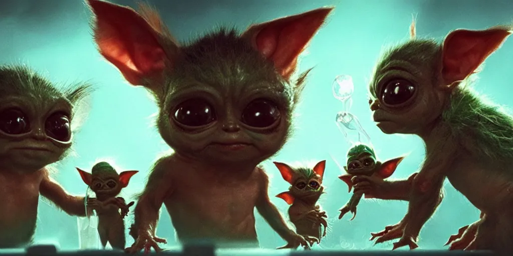 Prompt: Gremlins movie, the gremlins are high and hanging out with baby yoda at the club, Greg Rutkowski, Darek Zabrocki, Karlkka, Jayison Devadas, Phuoc Quan, trending on Artstation, 8K, ultra wide angle, pincushion lens effect.