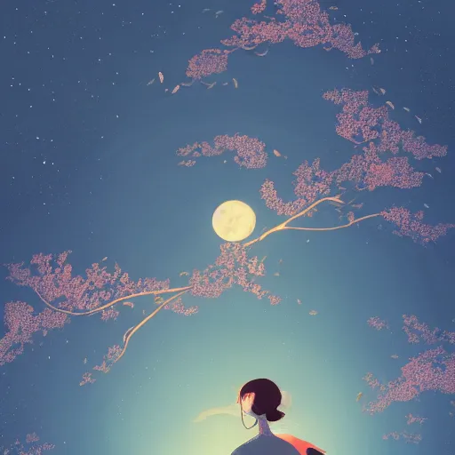 Image similar to a big cherry tree with petals flying in the sky, moonlight, by Victo Ngai, artstation, Detail, HD